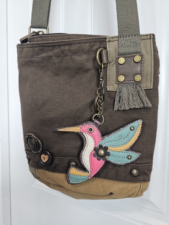 Chala Handbags - Chala Canvas Crossbody Bag with Pink & Teal Hummingbird Charm
